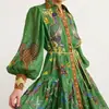 Ropa de Mujer Europea y Americana Nueva Transfronteriza Amazon Moda Retro Manga de Linterna Cordones Estampado Manga Larga Vestido Mujer