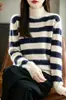 Suéter de mujer de lana pura con rayas anchas y cuello semialto, diseño retro de bloques de color, suave y cómodo para otoño e invierno, efecto adelgazante, estilo jersey