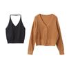 [Oufan] Bufanda de Tirantes Coreana para Mujer + Chaqueta Cardigan de Punto con Cuello en V Traje de Dos Piezas Súper Bonito para Mujer 3259