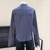 Camisa a Rayas de Manga Larga con Cuello Polo Azul para Mujer, Nuevo Otoño 2026 Estilo Francés Chic Camisa Cardigan Ceñida a la Cintura