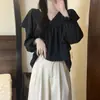 Foto Real de la Nueva Elegante Blusa Plisada con Volantes para Mujer, Nuevo Estilo de Primavera Hada Top con Mangas Abullonadas