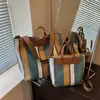 Bolso de Lona Rayado de Color Contrastante para Mujer, Gran Capacidad, Nuevo Bolso de Hombro de Moda 2024, Bolso de Mano Versátil para el Trabajo, Bolso Tote