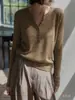Blusa de tricô estilo francês com gola henley de linho para mulheres, camisa base texturizada de outono com meia-botoadura, camiseta da moda de manga comprida para o dia a dia