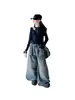 Conjunto de pantalones vaqueros de pierna ancha con estampado de letras para niñas, nueva colección Otoño 2026, conjunto de dos piezas de top básico ajustado negro y ropa de trabajo