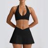 Traje de Yoga Verão Transfronteiriço com Alça no Pescoço, Decote em V Profundo, Costas Nuas, Saia Anti-Exposição para Mulheres, Conjunto para Yoga, Corrida e Fitness