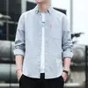 Camisa masculina de algodão puro de manga longa, camisa casual de corte solto estilo Hong Kong para primavera e outono, jaqueta versátil para o trabalho para jovens