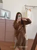 9087 # Pijama Simples e Macio de Veludo Ilha, Conjunto de Roupa de Casa Feminina de Manga Longa Estilo Dividido Solto e Macio com Renda