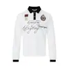 T1333 High Street Estilo Americano Unisex Moda Urbana Vintage Diseño Lavado Desgastado Corte Ajustado Camiseta de Manga Larga con Cuello de Solapa para Hombre