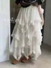 Falda Plisada de Malla Irregular para Mujer, Otoño e Invierno, Petite de Cintura Alta Adelgazante con Caída Línea A Acampanada Larga