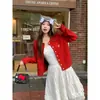 Cárdigan de Punto Rojo para Mujer Ropa de Otoño Invierno Vibe Chaqueta de Punto Bordada Prendas de Abrigo Superior Talla Única