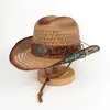 Sombrero de Paja Hueco para Exteriores de Comercio Exterior Europeo y Americano, Sombrero de Vaquero Occidental, Sombrero Turquesa con Estilo Étnico, Sombrero Retro Jazz