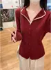 Blusa de manga comprida com botões, estilo coreano, gola alta, retalhos de renda para mulheres, outono e inverno, simples, elegante, justa ao corpo, camada interna versátil, moderna