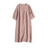 Vestido Exclusivo de Tienda de Lino Puro Lavado a la Arena, Estilo Japonés Artístico, Textura Mate, Cuello en V, Corte Holgado, Adelgazante, Vestido Largo Talla Grande
