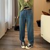 Lã de Lince Premium! Jeans Feminino Quente com Forro de Fleece, Calças Skinny Wide-Leg, Cintura Alta, Alonga as Pernas, Azul Vintage