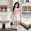 Conjunto de Duas Peças para Crianças Maiores com Temperamento Casual, Blusa de Manga Curta de Verão, Saia Doce, Saia Curta de Renda com Personalidade Estilo Coreano, Tendência