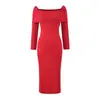Vestido Tricô Sexy Ombro a Ombro Estilo Francês 2026 Novo Modelo Elegante Justo de Manga Média Bodycon Longo