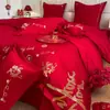 Juego de Ropa de Cama para Boda de Cuatro Piezas, Sábana y Funda de Edredón 100% Algodón Puro para Boda, Rojo Brillante, Para Recién Casados, 4 Dragones y Fénix Estilo Chino
