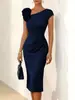 Vestido elegante de manga comprida, cor sólida, com detalhes florais, cintura marcada com pregas, corte slim, para o mercado transfronteiriço europeu e americano do AliExpress em 2026