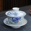 Cuenco grande de porcelana esmaltada azul y blanca con tapa de loto, juego de té de porcelana blanca, taza de té para tostadas, preparación de té de cerámica china de tres talentos
