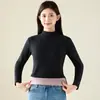 Camiseta básica de forro polar para mujer, cuello semi-alto, engrosada para otoño e invierno, hecha de forro polar peinado, top cálido con cuello medio-alto, capa interior ajustada para mujer