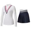 Conjunto Esportivo de Tênis com Gola Lapela, Mangas Longas, Saia Curta, Adequado para Corrida, Fitness, Yoga, Golfe e Tênis, Aplicável em Múltiplos Cenários