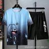 Nuevo traje casual de verano para estudiantes, dos piezas, estampado, manga corta, cuello redondo, top de dibujos animados, pantalones cortos para niños