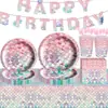 Decoração de Festa de Aniversário para Meninas Transfronteiriça Peixe Rosa Escama Louça Bandeja de Papel Copo de Papel Guardanapo de Papel Toalha La Flag Louça Descartável