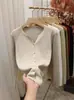 Suéter Abrigo Cardigan de Punto de Manga Larga para Mujer Nuevo Otoño Cuello Color Sólido Temperamento Simple Top de Punto Blanco