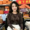 Camiseta de manga longa com estampa geométrica estilo mãe, modelagem justa, gola redonda, camada base, top de outono feminino para mulheres de meia-idade e idosas