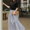 2024 Estilo Coreano Tamanho Grande Feminino Pequeno Suéter Manga Curta Gola Redonda Camiseta Listras Costuradas Multicamadas Grande Vestido Solto