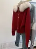 Suéter Cardigan Jacket con Capucha Tejido del Año del Zodiaco Rojo para Mujer, Estilo Corto Petite, Top de Gama Alta y Súper Bonito