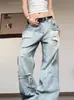 Jeans desgastados rotos estilo retro americano para mujer, nuevo estilo de alta costura para primavera y otoño, pantalones holgados rectos de tiro bajo de pierna ancha