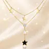 Colar clavícula com franja de zircônia e borboleta estilo vintage francês, elegante e luxuoso, pingente de coração e lua em camada dupla para mulheres