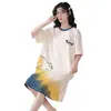 Nova Camisola de Seda de Leite de Manga Curta de Verão Estilo Coreano Doce Desenho Animado Meio Comprido Pijama Roupa de Casa Feminina Pode Ser Usada Fora