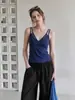 Elegante camisola de retazos azul marino con cuello en V para mujer, nuevo top sexy ajustado para el verano 2026