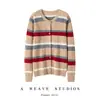 Cárdigan retro de cachemir a rayas de bloques de color con cuello redondo, suéter de punto trenzado, abrigo a rayas de arcoíris, nuevo cárdigan de otoño e invierno