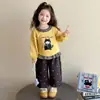 Conjunto de primavera floral con gato para niña, nueva colección de primavera y otoño, cuadros de bloques de color con ribete de encaje, conjunto de top de cuello redondo y pantalones