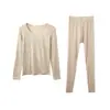 Ropa interior térmica de lyocell para otoño e invierno, capa base fina, camiseta de capa base, suave, amigable con la piel, sin costuras, cuello redondo, conjunto cálido para mujer