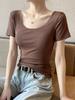 Camiseta Modal de Manga Corta para Mujer Verano Delgada Seda de Hielo Cuello Redondo Elástica Ajustada Color Sólido Top Manga Corta Camiseta con Mascarilla
