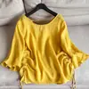 2026 Verano Nuevo Estilo Lino Delgado Jersey Manga Corta Manga Acampanada Protección Solar Camisa Camiseta para Mujer Venta al por Mayor H19Bt919
