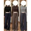 Calça Marrom Wide Leg para Mulheres, Novo Estilo Outono e Inverno 2026, Estilo Bf Preguiçoso Solto, Calça Reta de Cintura Alta, Calça de Moletom Esportiva com Forro de Fleece