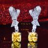 Brincos de laço com diamantes cor-de-rosa direto da fábrica para mulheres, luxuosos, de alta qualidade, imitação de cristal amarelo, brincos quadrados com diamantes completos