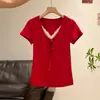Camiseta Branca de Manga Curta com Patchwork de Renda e Decote em V Estilo Coreano para Mulheres, Top Único Slim-Fit com Amarração para o Verão 2026