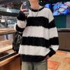 Suéter Masculino Listrado em Cores Contrastantes Outono e Inverno Moda Americana Retrô Estilo Preguiçoso Camisa Base Tricotada Gola Redonda para Casal