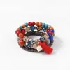 Combinação de Pulseiras de Elefante Moda Europeia e Americana Multicamadas Feitas à Mão com Contas e Pingente de Franja Pulseira de Contas de Madeira para Mulheres