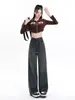 Jeans Rectos de Estilo Americano Color Gris Cemento para Mujer, Otoño 2025 Cintura Alta Sueltos de Caída Ancha Pierna Ancha Hasta el Suelo