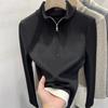 Camiseta Feminina com Zíper Meio e Gola Alta Vertical, Manga Longa, Design de Tendência, Nicho, Roupa para o Outono e Inverno, Slim Fit, Camisa Top Base de Fleece