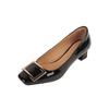 Sapatos Solteiros de Couro Envernizado da Moda Primavera com Fivela Quadrada, Estilo Europeu, Salto Médio Grosso, Bico Quadrado, Decote Baixo, Sapatos Femininos para o Dia a Dia