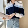 Camisa de Manga Larga Nueva de Primavera 2025 para Mujer, Cuello Solapa, Bloques de Color, Corte Ajustado, Estilo Regular