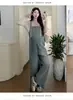 Moda Gestante Primavera e Outono 2025 Novo Macacão Jeans Floral Casual + Blusa de Bolinhas Conjunto de Duas Peças